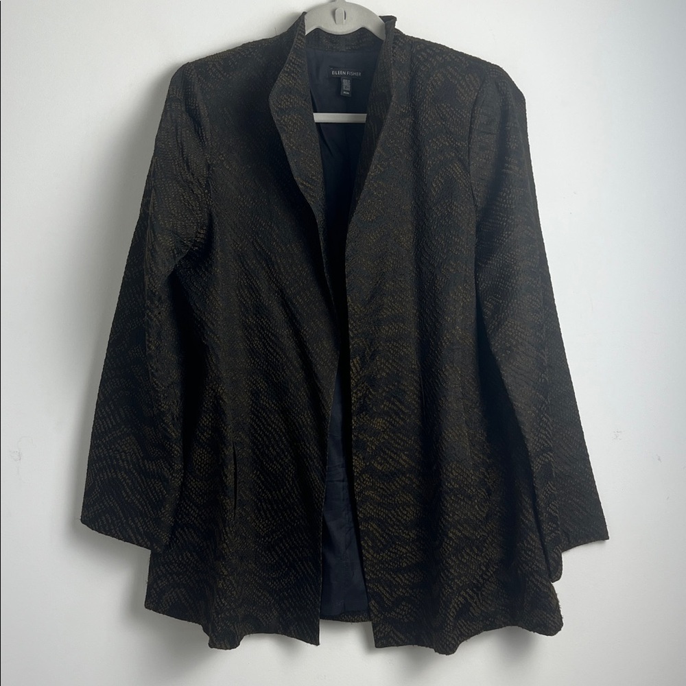 Eileen Fisher Medium Silk Blend Jacquard Wave Textured Open Front Jacket - Picture 3 of 13